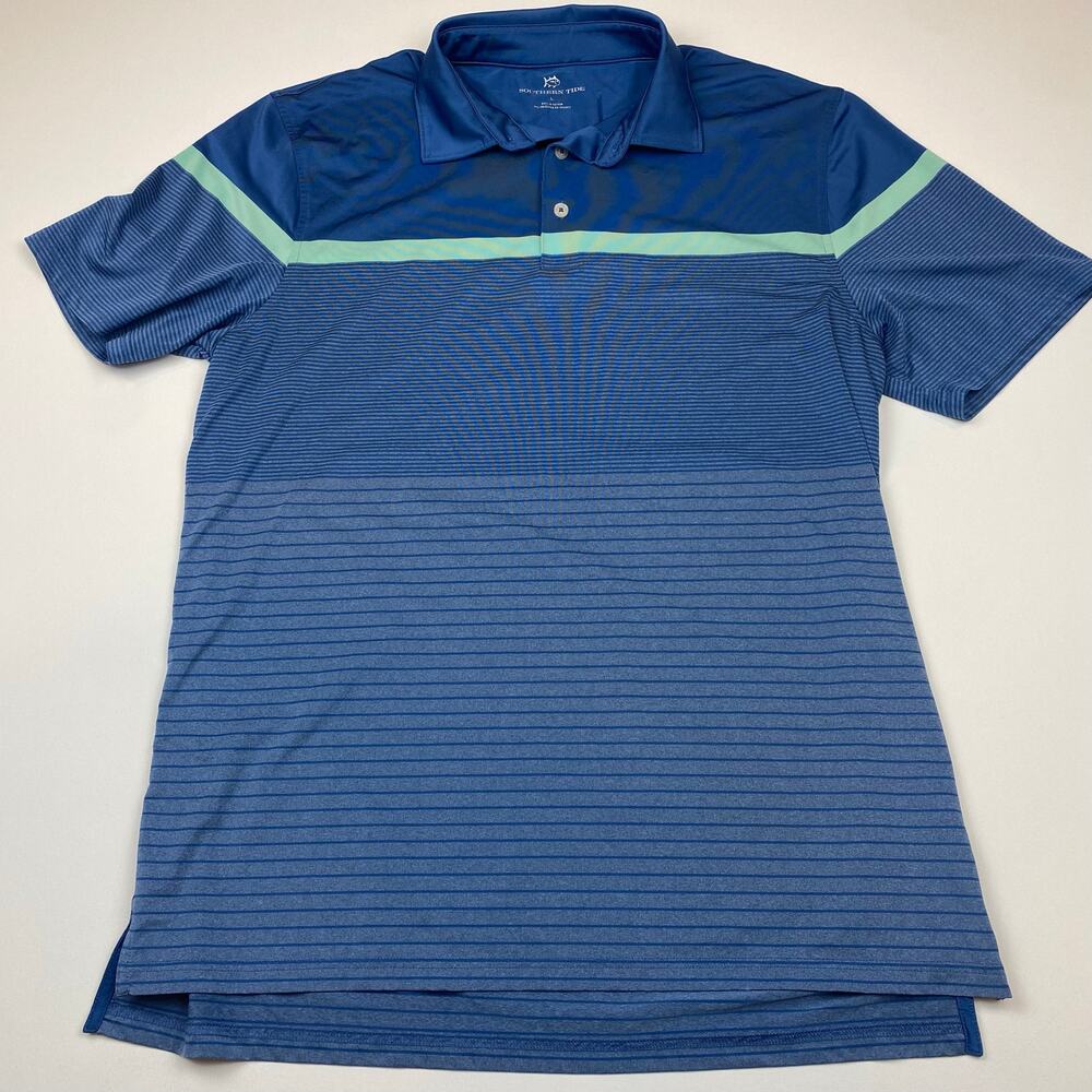 Southern Tide Polo Shirt Mens Large Striped Blue Performance Tech Golf Stretch